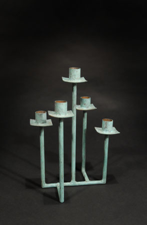 five-candle rod candelabra in blue-green patina